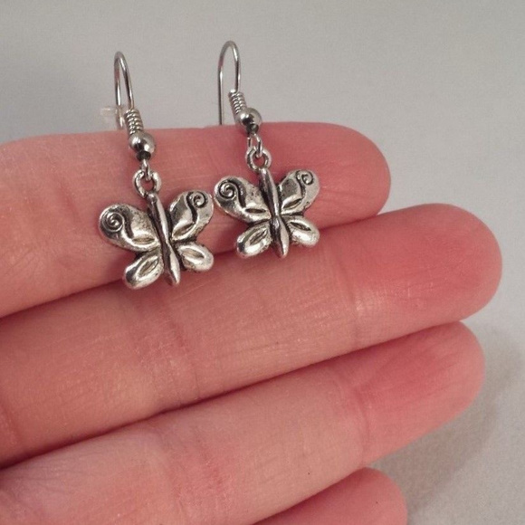Silver Butterfly Earrings Hypoallergenic Hooks - Picture 1 of 3